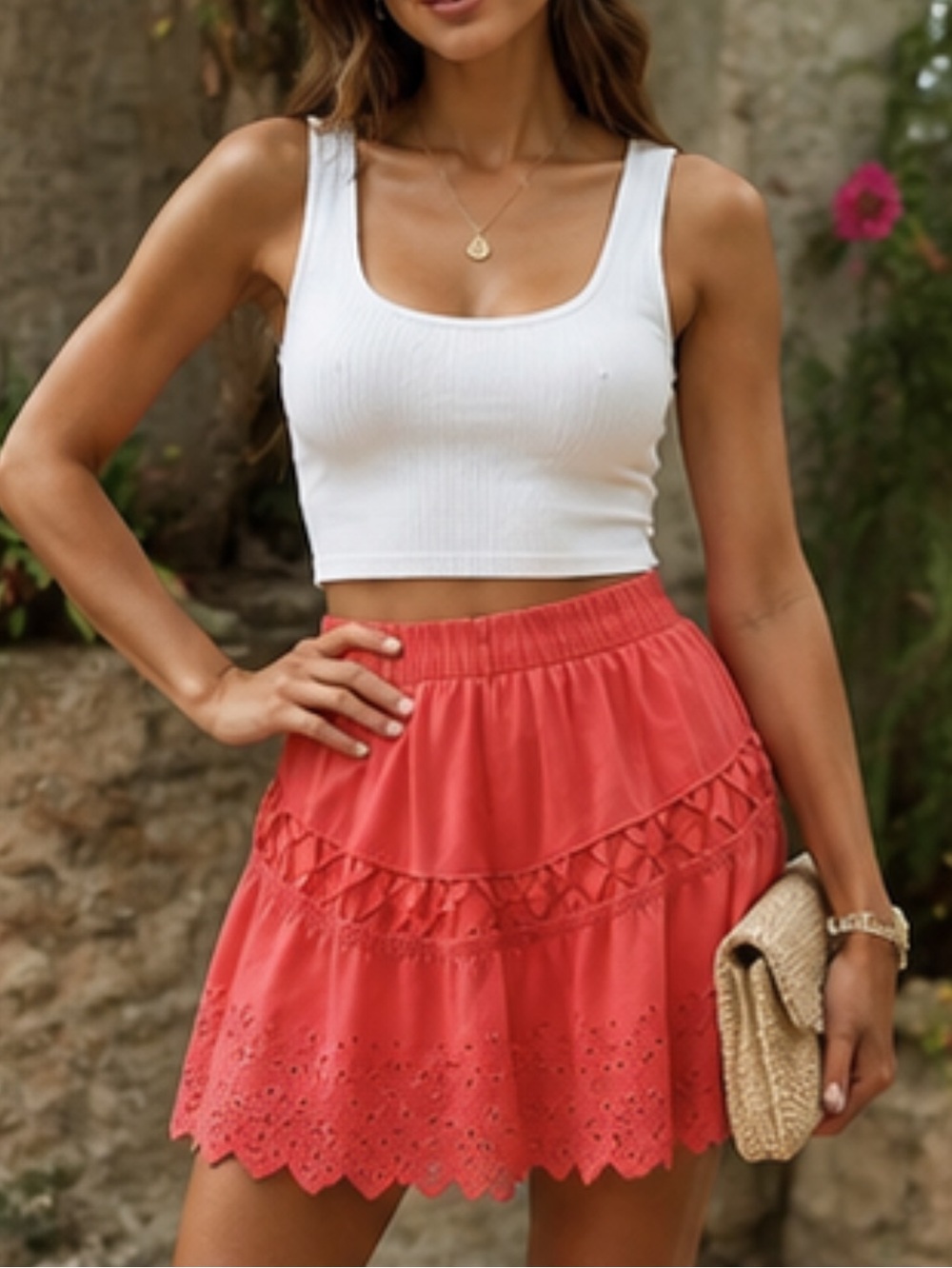 IRO Coral Pink Eyelet Mini Skirt Ruffle Scalloped Hem Size Small